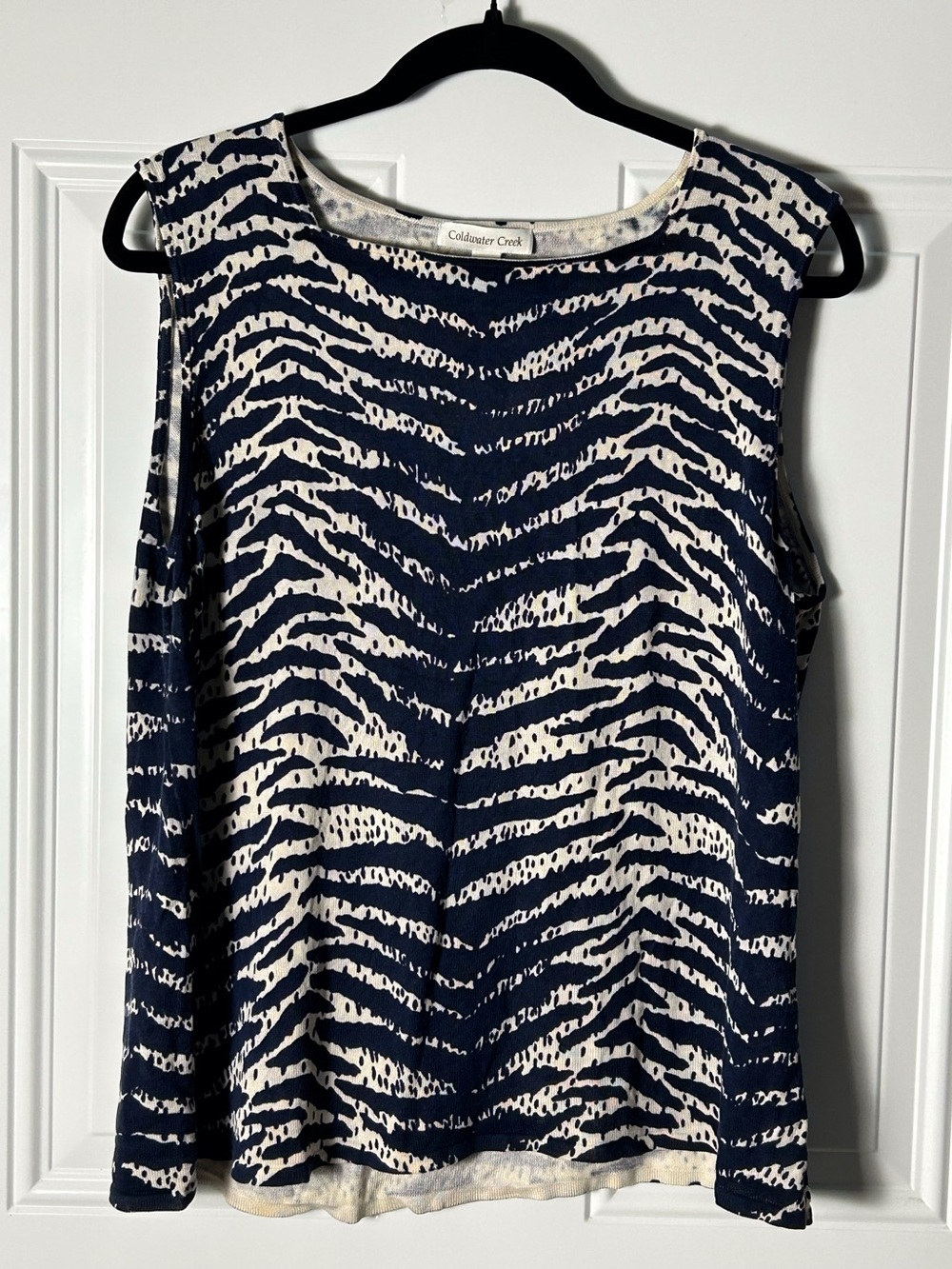 Coldwater Creek Navy Cream Sleeveless Zebra Print Shell Silk & Cotton Blend 1X